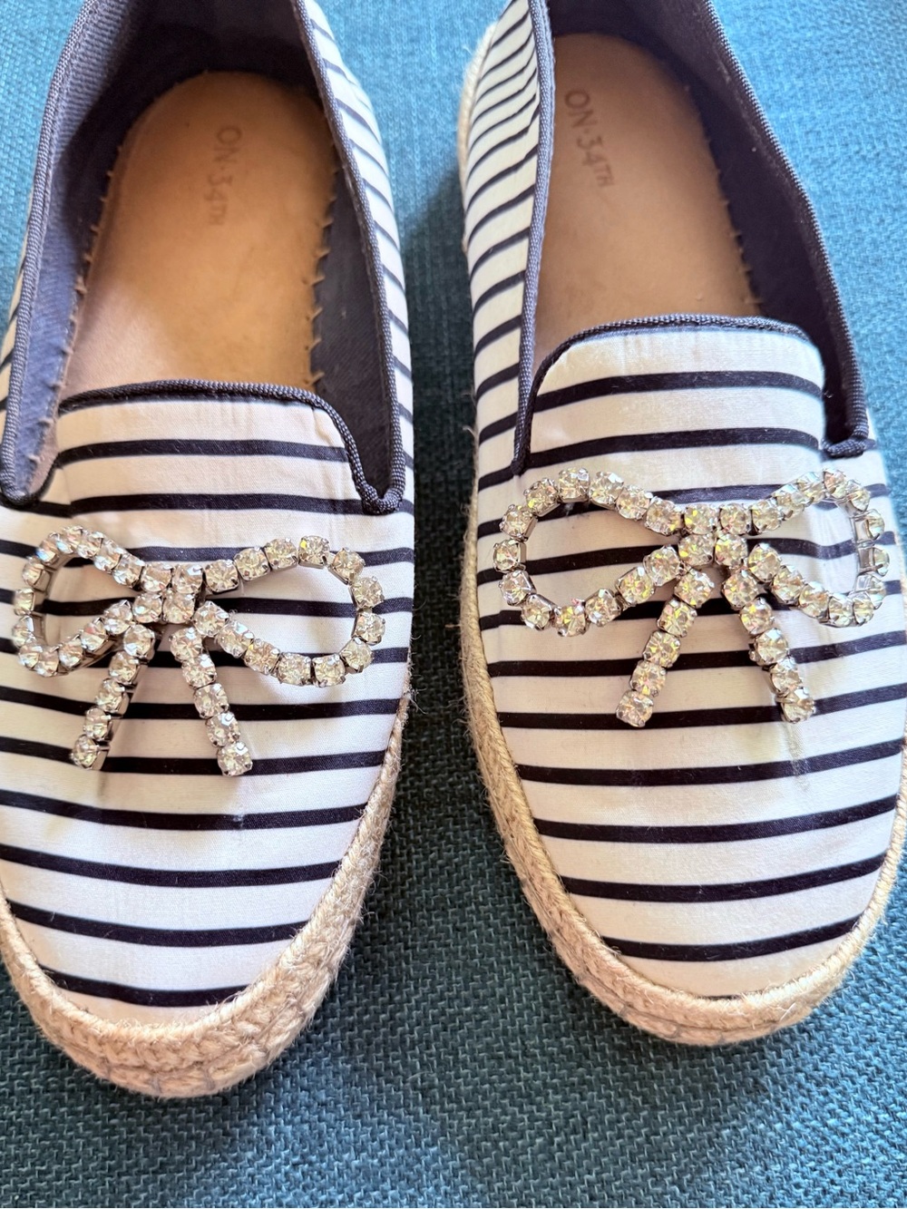Striped Navy and White Slip-On Espadrilles with Crystal Bow - Picture 3 of 5
